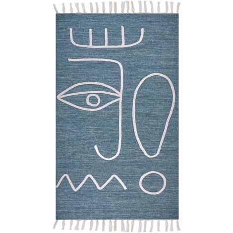 Tappeto blu 80 x 150 cm poliestere con nappe stile boho soggiorno camera da letto