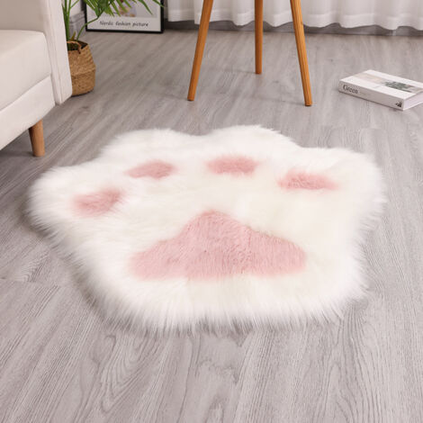 Tappeto con impronta di zampa di gatto, in peluche sintetico, lavabile in lavatrice, adatto per soggiorno, divano e camera da letto, 4545 cm (bianco + rosa).