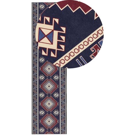 Tappeto da corridoio con motivo orientale 80 x 300 cm Tappeto da pavimento antiscivolo Blu e rosso Kangal