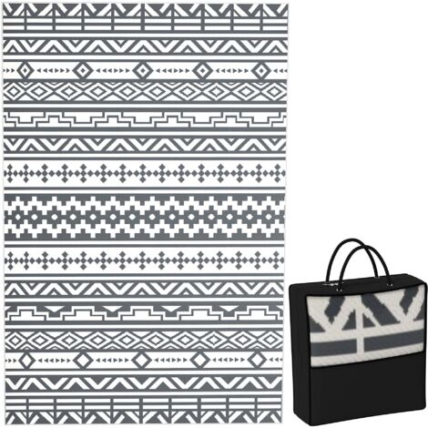 Tappeto da Esterno Reversibile 182x274 cm con Motivo Geometrico e Borsa Inclusa Grigio e Bianco