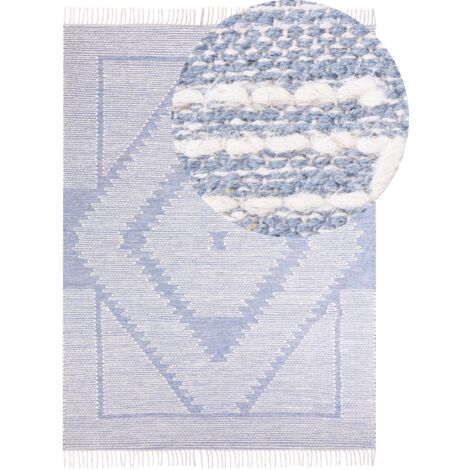 Tappeto in cotone e lana con nappe bianco blu 140 x 200 cm Ansar