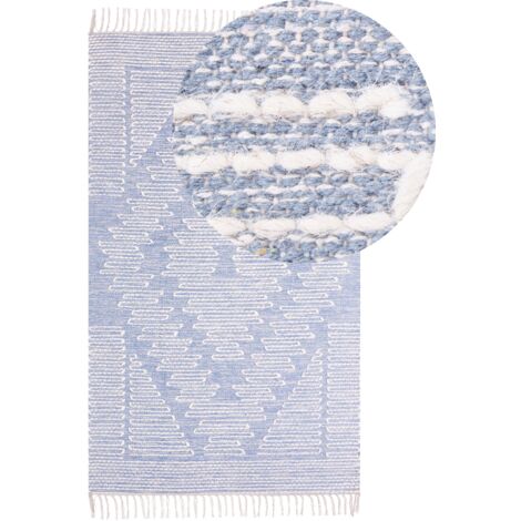 Tappeto in cotone e lana con nappe bianco blu 80 x 150 cm Ansar