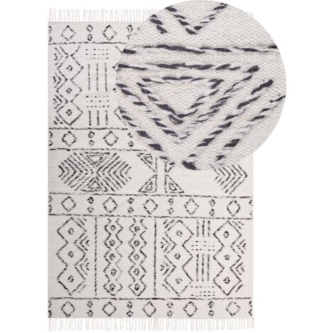 Tappeto in lana bianco sporco e nero con motivo azteco moderno e vintage 140 x 200 cm Alkent