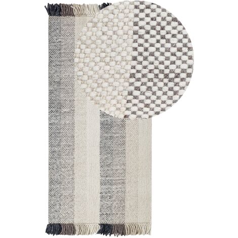 Tappeto in lana bianco sporco nero marrone 80 x 150 cm fatto a mano con nappe Emirler
