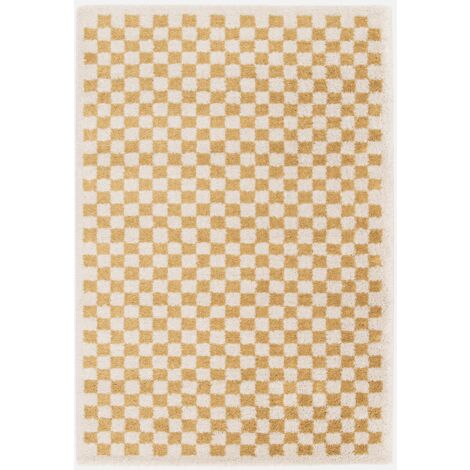 Tappeto interno a scacchiera shaggy in giallo senape e crema