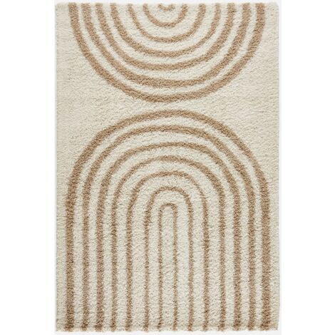 Tappeto interno shaggy, motivi geometrici arcobaleno, beige.