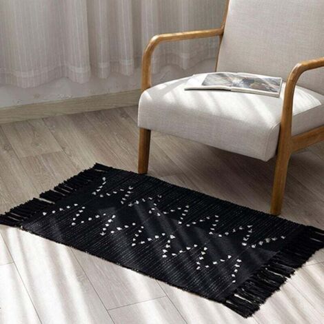 Tappeto moderno in cotone tessuto a mano con nappe, lavabile per camera da letto, soggiorno, cucina, nero, 60 x 90 cm