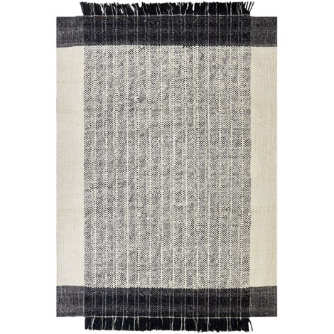Tappeto moderno in lana con frange decorative 160 x 230 cm in bianco e nero Ketenli