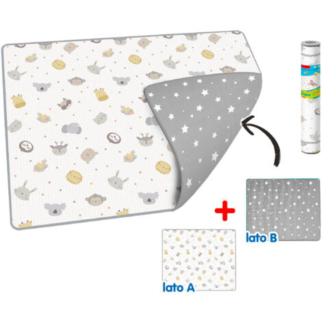 Tappeto Morbido per Bambini 200x150 cm Arrotolabile Doppia Grafica Animali e Stelline Multicolore