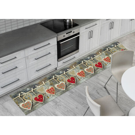 Tappeto Passatoia Cucina Antiscivolo Stampa Digitale Dis Cuori Appeso Rosso, misura50x280coloreRosso