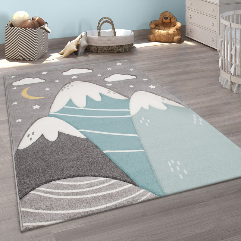 Tappeto Bambini Cameretta Pastello 3D Motivo Di Montagne Moderno 140x200 cm, Grigio-Blu - Paco Home