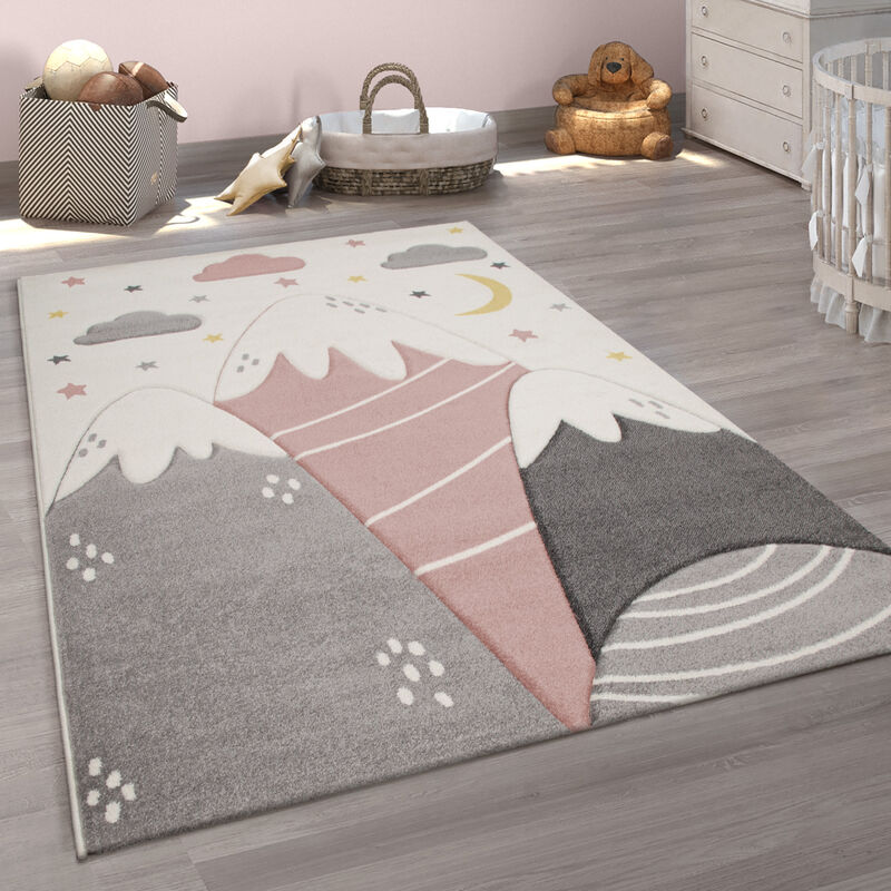 Tappeto Bambini Cameretta Pastello 3D Motivo Di Montagne Moderno Pink, 240x340 cm - Paco Home