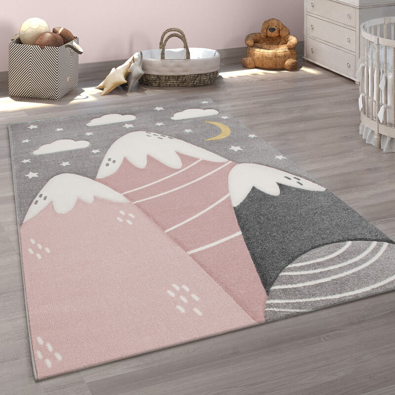 Paco Home Tappeto Bambini Cameretta Pastello 3D Motivo Di Montagne Moderno 140x200 cm, Grigio