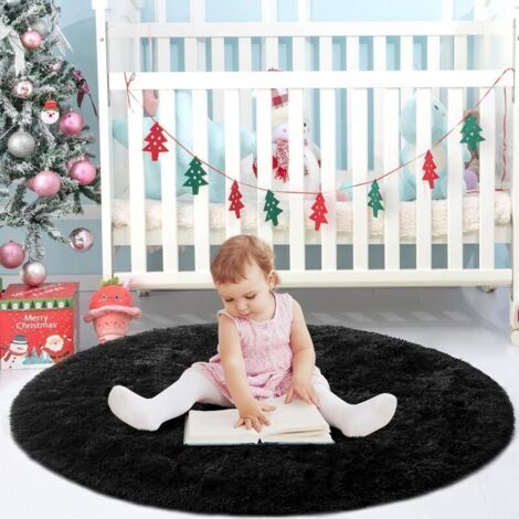 Tappeto rotondo a pelo lungo per soggiorno, comodino, di grandi dimensioni, morbido, ideale come tappeto per camera da letto, moderno e decorativo (nero, Ø 120 cm rotondo).