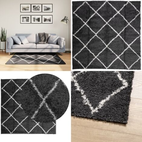Tappeto Shaggy PAMPLONA a Pelo Lungo Nero e Crema 120x120 cm - Tappeto morbido - Tappeto caldo
