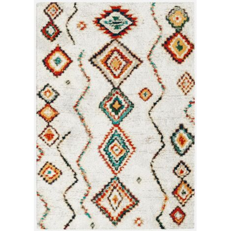 Tappeto shaggy per interni, stile berbero, crema e multicolore