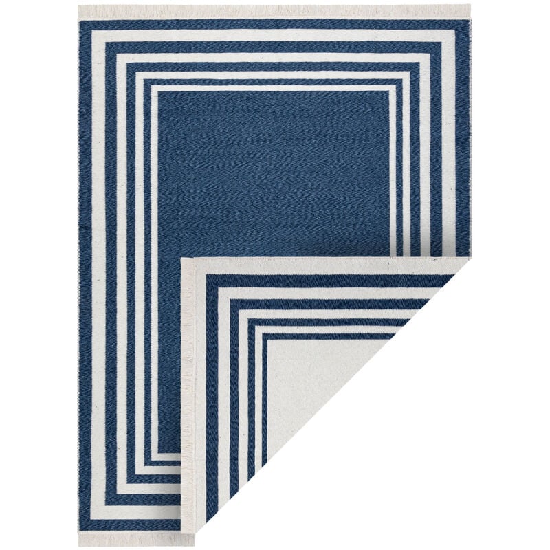 Image of Tappeto twin 22990 Telaio, cotone, bifacciale, Frange ecologiche - blu scuro / crema blue 60x90 cm