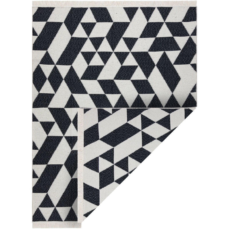 Image of Tappeto twin 22992 geometrica, cotone, bifacciale, Frange ecologiche - nero / crema black 80x150 cm