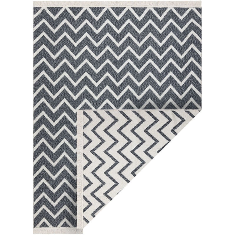 Image of Tappeto twin 23002 ZigZag, cotone, bifacciale, Frange ecologiche - antracite / crema grey 60x90 cm