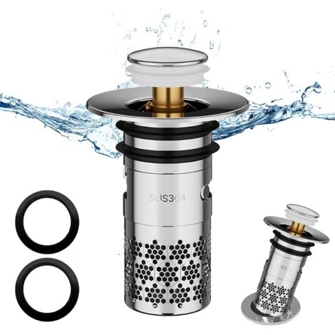 Tappo di scarico universale a scomparsa in acciaio inox, 1 pezzo, tappo di scarico migliorato, filtro anti-intasamento, con filtro a rete, per vasca da bagno, cucina, lavabo (33-40 mm) - Argento.