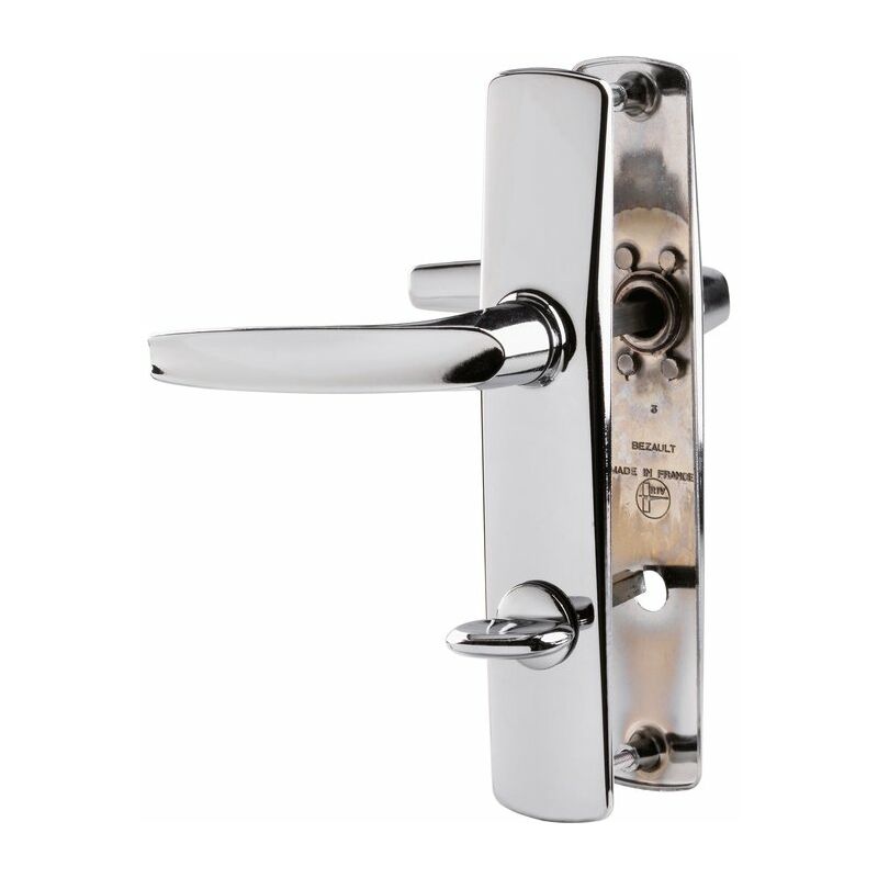 Vachette - Deux poignées de porte avec applique chromée miroir, clé de condamnation, entraxe 165 mm