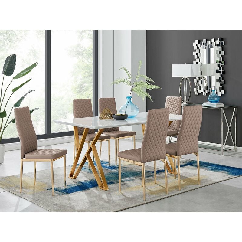 Taranto White High Gloss Dining Table and 6 Cappuccino Gold Leg Milan Chairs - Cappuccino