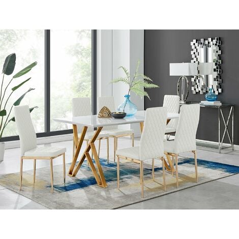 Taranto White High Gloss Dining Table and 6 Gold Leg Milan Chairs