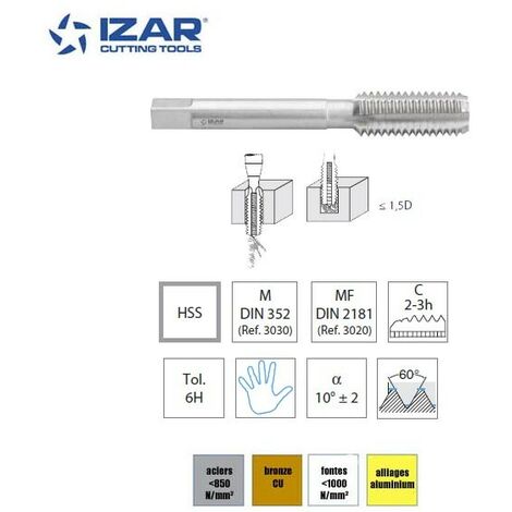 taraud à main de finition Izar HSS metrique M6x1.0 DIN352 M6