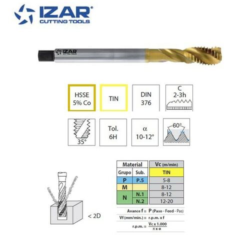 Taraud hélicoïdal machine Izar HSSE5%co TIN pour inox, métrique de M8 à M24 M8