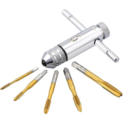Tarauds à Main, Clé à Taraud Réglable, Clé pour Porte-taraud à Poignée en T avec 5 pièces HSS M3 M4 M5 M6 M8 Taraud à Filetage Métrique