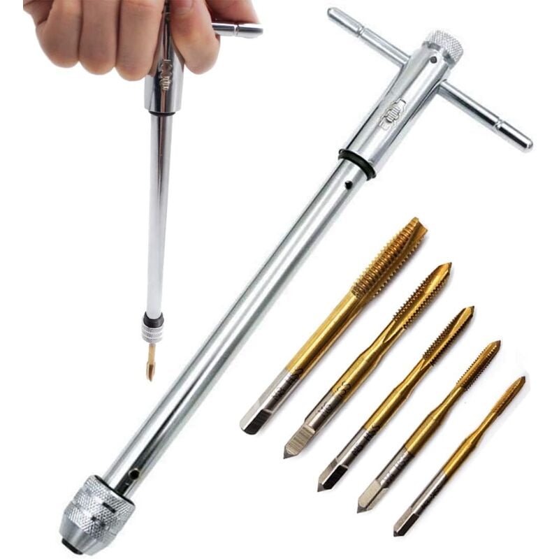 Tarauds à main Set,5 Pièces M3-M8 HSS revêtement en titane Tarauds à fileter Outils de filetage + Allonger Porte-outils avec poignée coulissante pour
