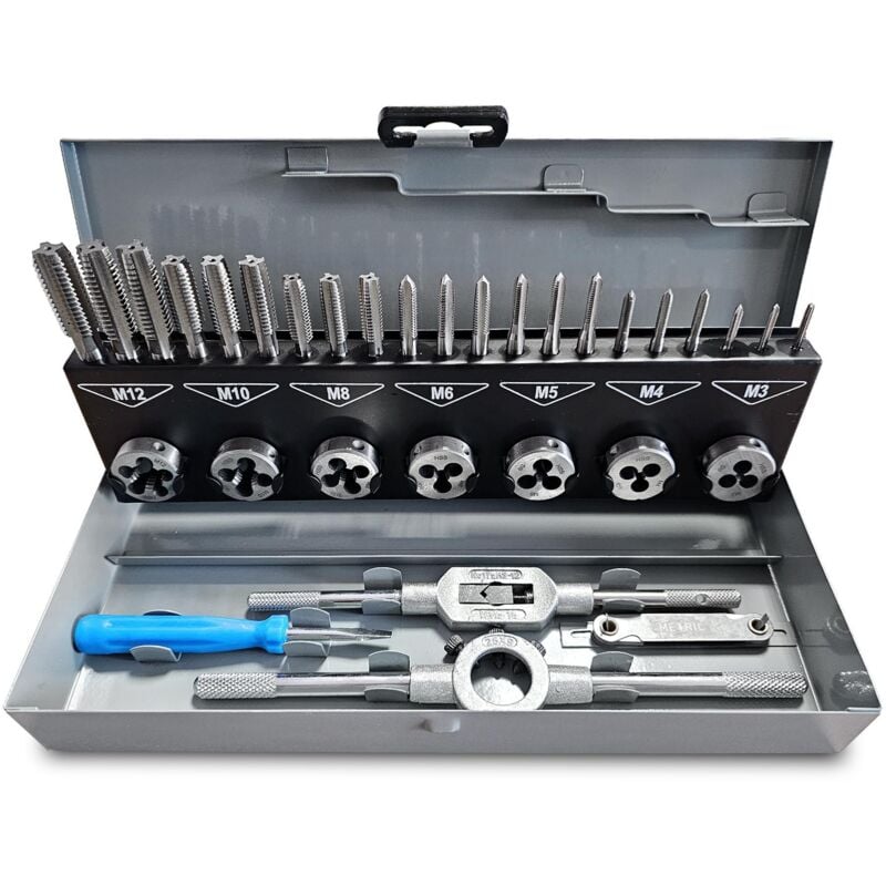 Coffret tarauds filieres hss 3 à 12 mm et accessoires