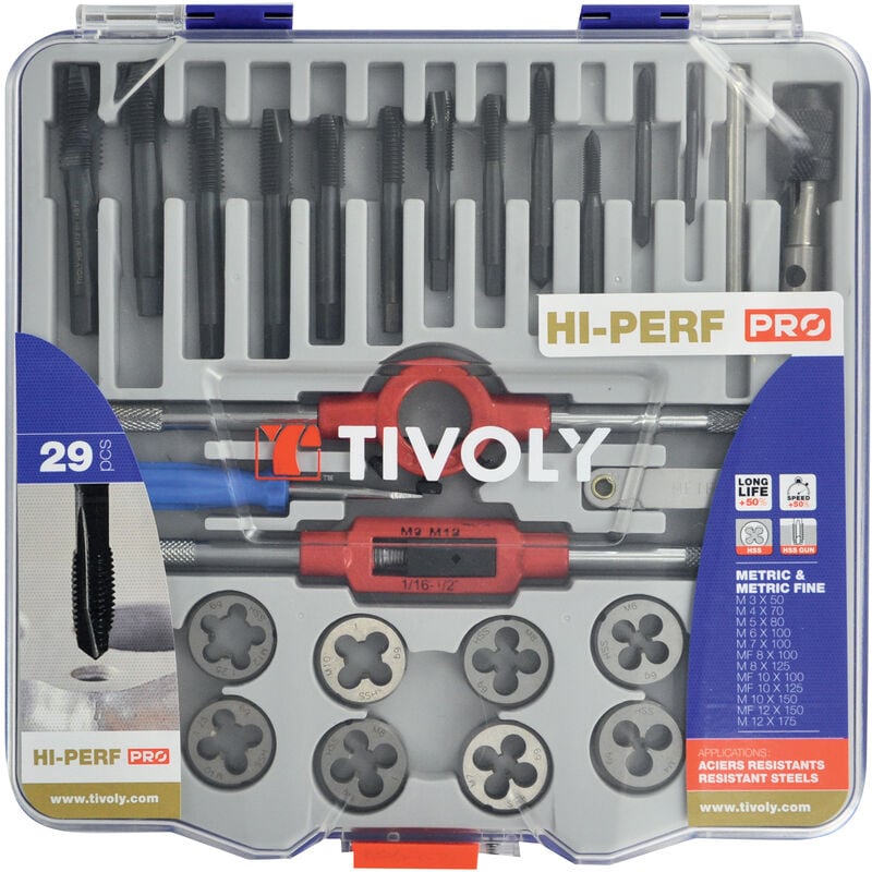 Tivoly - Mallette pro 29 Pièces • 12 Tarauds hss M3 à M12 & MF8 à MF12 • 12 Filières hss M3 à M12 & MF8 à MF12 • 2 Tourne-à-Gauche • 1 Porte-Filière