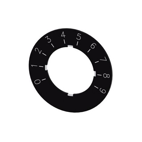 Targhetta di identificazione per potenziometro, etichetta nera, caratteri bianchi, con scritta: 0-9 Diametro esterno 40 mm