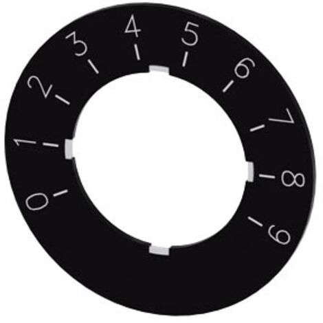 Targhetta di identificazione per potenziometro, etichetta nera, caratteri bianchi, con scritta: 0-9 Diametro esterno 40 mm