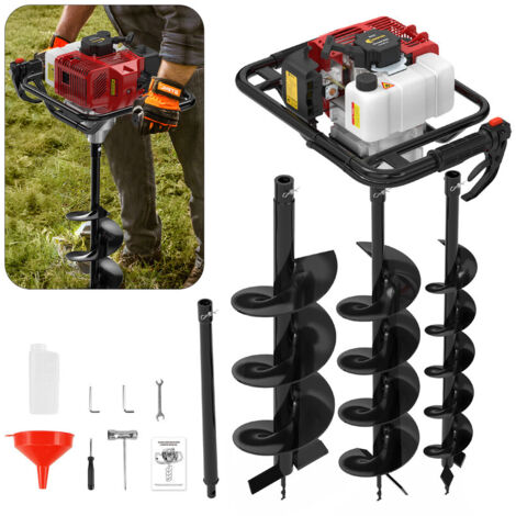 Tarière Thermique Foreuse de Terre Tarière à Essence 3CV, 52cc, avec 3 forets en acier 100/150/200mm Foreuse en spirale terrestre, Grande Poignée Moteur 2 Temps, Réservoir de 1,2L, CONENTOOL, Rouge