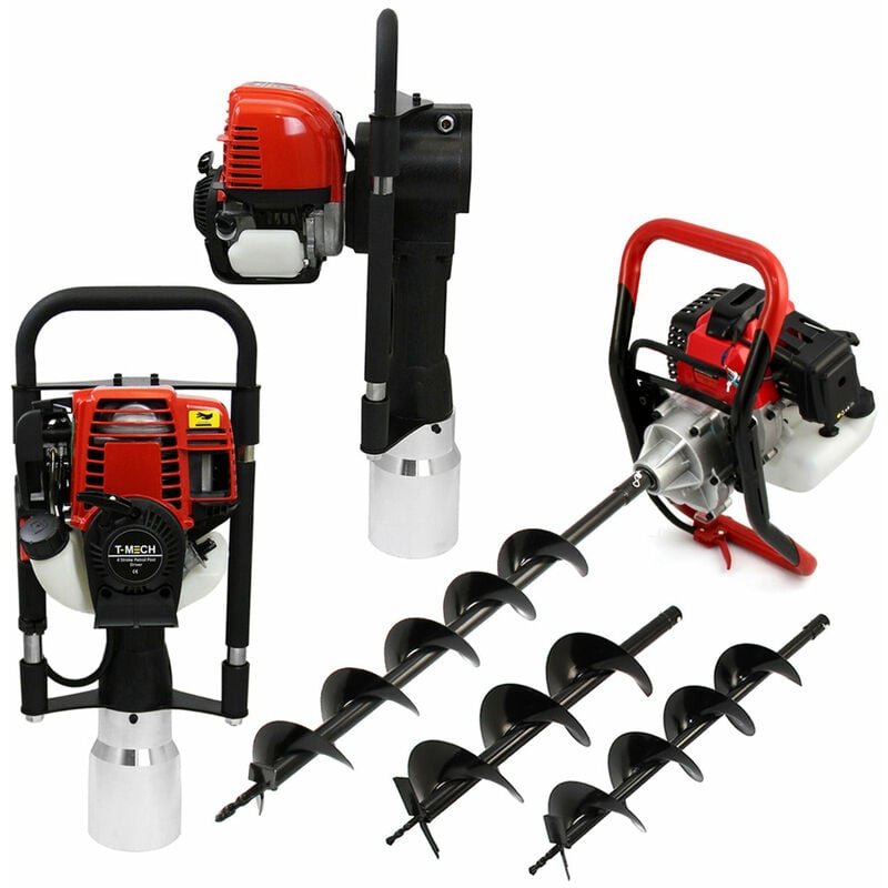 Monster Shop - Tarière Thermique 52cc Foreuse à Essence 3 Forets 82cm avec ø 102, 152, 200 mm & Enfonce Poteaux 38cc 4 Temps 5000 Tours/minute
