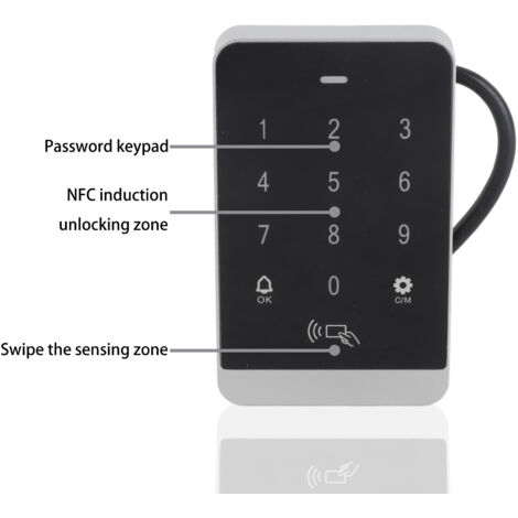 Tarjeta de control de acceso NFC para puertas con retardo programable, apertura normal y teclado sin llave.