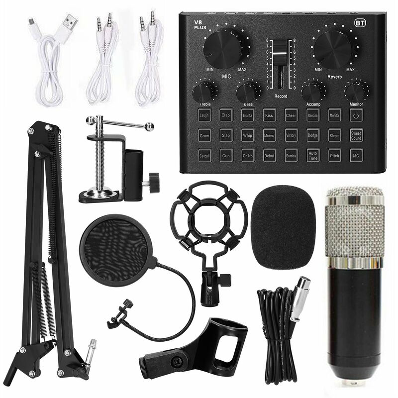 

Tarjeta de sonido en vivo multifuncional y kit de microfono de suspension BM800 Grabacion de transmision Juego de microfono de condensador Mezclador