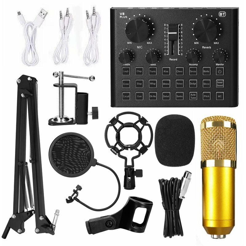 

Tarjeta de sonido en vivo multifuncional y kit de microfono de suspension BM800 Grabacion de transmision Juego de microfono de condensador Mezclador