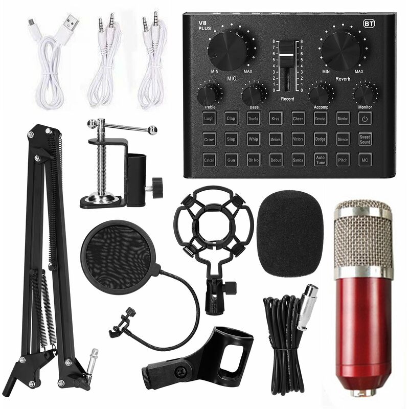 

Tarjeta de sonido en vivo multifuncional y kit de microfono de suspension BM800 Grabacion de transmision Juego de microfono de condensador Mezclador