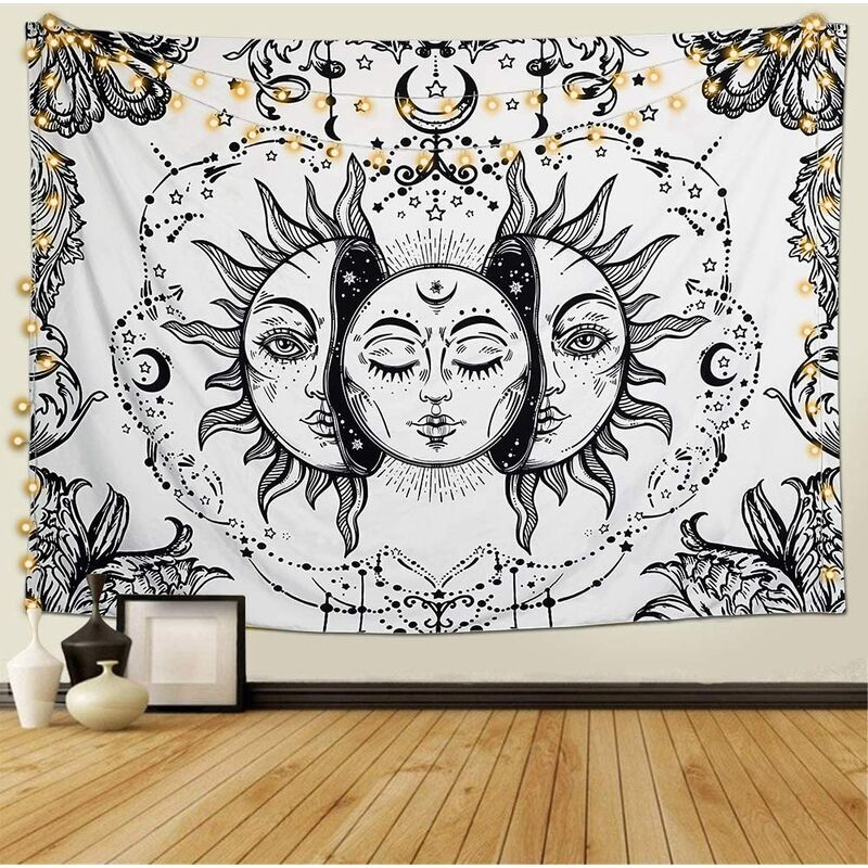 

Tarot Tapiz de pared Mandala indio Bohemio Psicodélico Negro Blanco Tapices Luna y sol Hoja para colgar en la pared Decoración de pared para