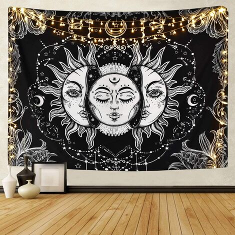 Tarot tenture murale soleil et lune tapisserie psychédélique tapisserie tissu mural serviette de sable Hippie indien décoration de la maison carte de tarot noir blanc 150 x 130 cm