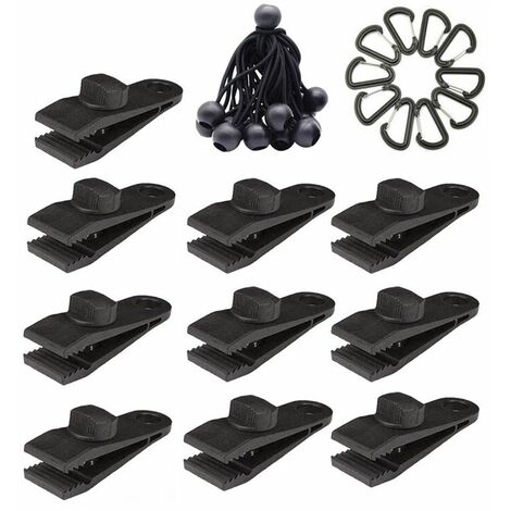 Tarp Clip and Bungee Cord and Carabiners Set of Windproof Camping Tarp Tarp Clamps Car Pool Boat Covers - 30pcs Black