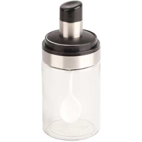 Tarro de vidrio transparente para condimentos, salero, pimentero o botella con cuchara para uso en la cocina.