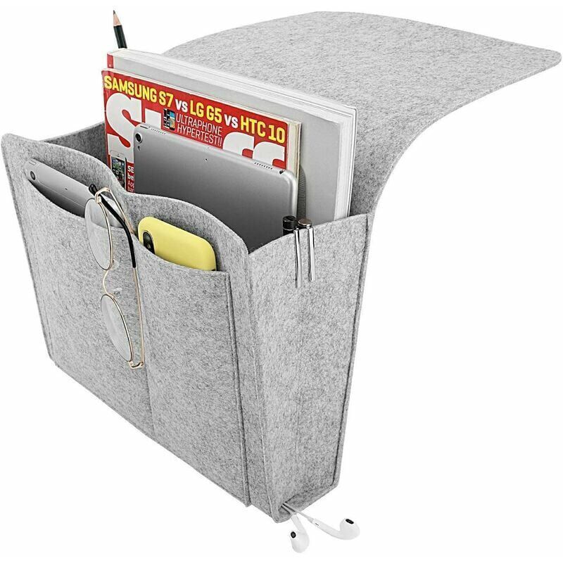 Image of Tasca in feltro per comodino, borsa portaoggetti da appendere al divano, organizer da comodino, tasca da letto per comodino (grande, grigio chiaro)
