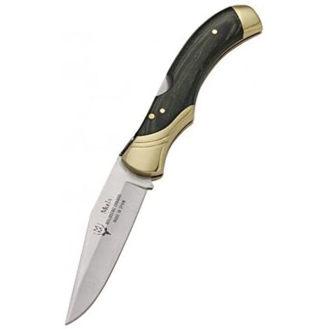 Taschenmesser der GL-Serie, Schloss, gepresstes grünes Holz und Messinggriffe. Gewicht 190 Gramm, 12 cm MOVA-Mehrzweckklinge.
