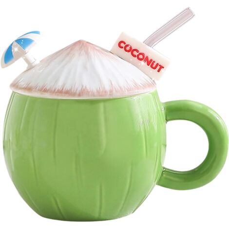 Tasse à Café Créative en Céramique Forme Noix de Coco - 430ml avec Couvercle Vert Cadeau Original Noël Anniversaire