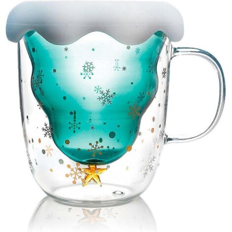 Tasse à café de Noël en verre avec anse, double paroi isolante, motif sapin de Noël