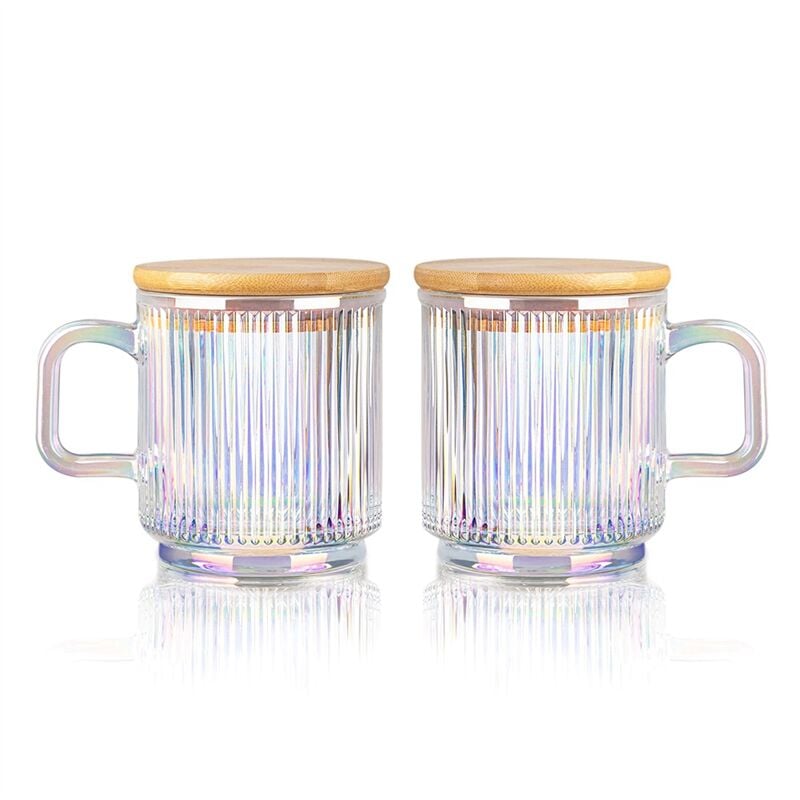 Tasse à Café en Verre 2Pc avec Couvercle Tasses à Café en Verre Verres à Café NervuréS avec PoignéE pour Latte Cappuccino Thé Lait A